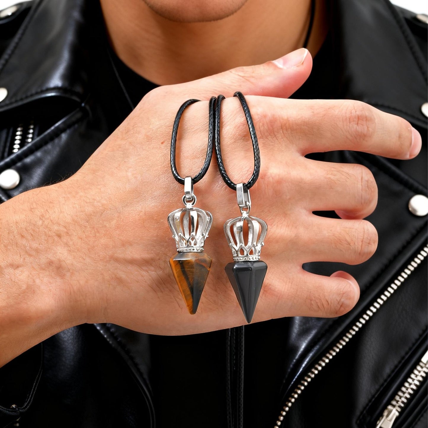 Kemstone Stainless Steel Bullet Tip Hexagonal Crown Tiger Eye Stone Pendant Necklace for Men PN-2286