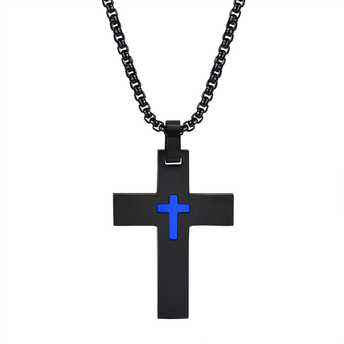Kemstone Stainless Steel Black Cross Pendant Necklace for Men Blue Accent Detail PN-1916