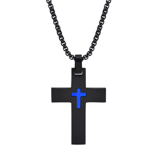 Kemstone Stainless Steel Black Cross Pendant Necklace for Men Blue Accent Detail PN-1916