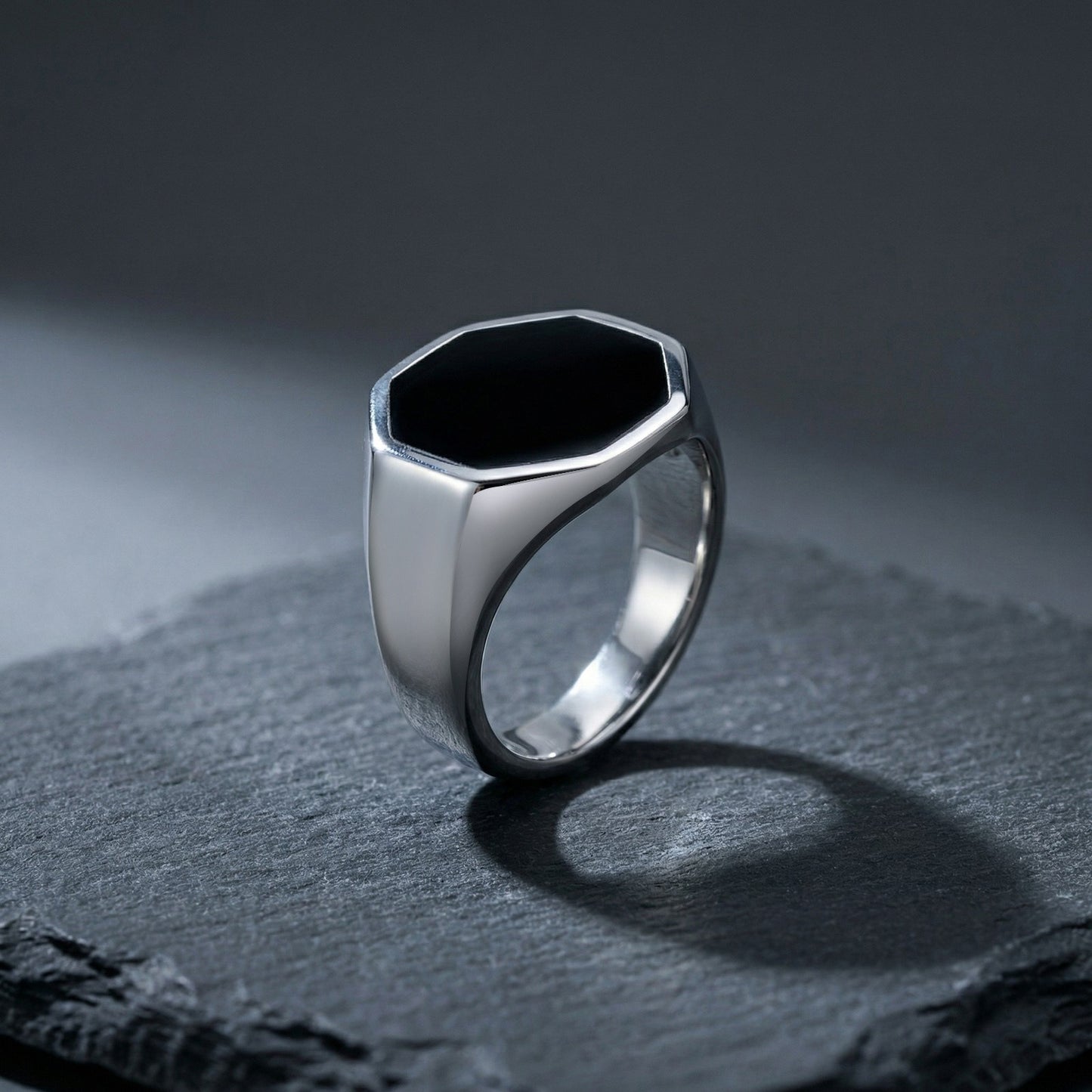 Kemstone Stainless Steel Punk Hexagonal Black Resin Ring for Men C-1088