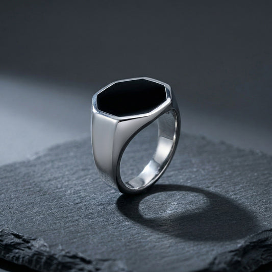 Kemstone Stainless Steel Punk Hexagonal Black Resin Ring for Men C-1088