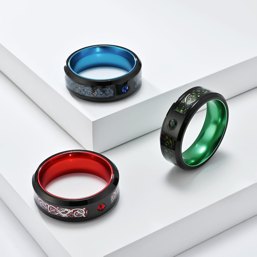 Kemstone Dragon Engraved Ring for Men Stainless Steel Wide Band Color Inlay K-R976