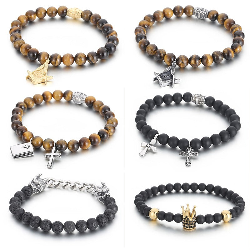 Kemstone Black Onyx Beaded Bracelet – CZ Crown, Freemason Cross & Tiger Eye Accent for Men’s Gothic Streetwear KB69789-BD
