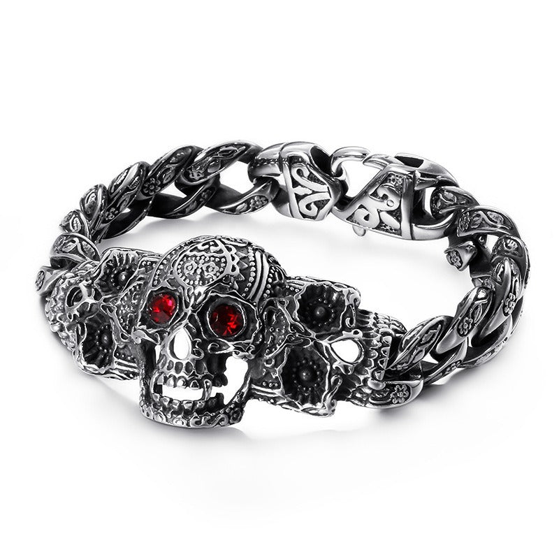 Kemstone Skull Cross Bracelet – Distressed Titanium Steel with Zircon Inlays | Gothic Punk Jewelry for Men KB112525-BD