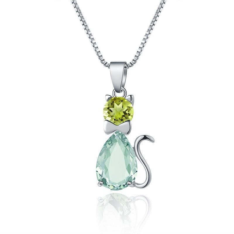Kemstone – exquisite Halskette mit Katzenanhänger aus natürlichem Edelstein mit Akzenten aus grünem Amethyst und Peridot, 45,7 cm, K23515N