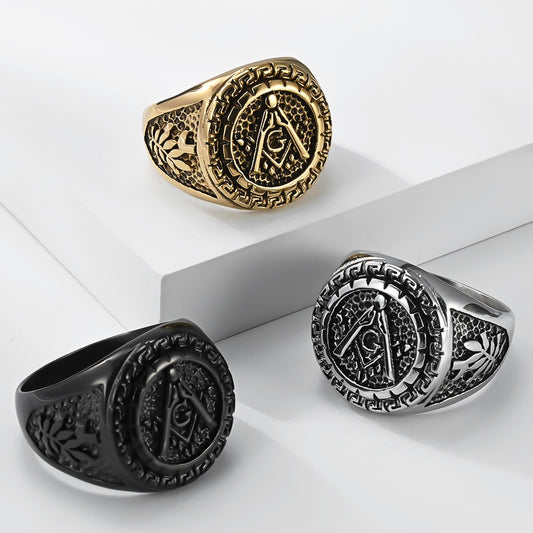 Kemstone Stainless Steel Vintage Geometric Compass Signet Ring for Men K-R11790
