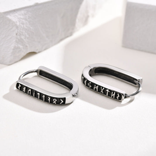 Viking Rune Stainless Steel Hoop Earrings – Nordic U-Shaped Retro Men’s Jewelry EH-521