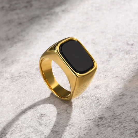 Gold Stainless Steel Signet Ring for Men – Rectangle Black Stone, Gothic Statement Ring RC-619
