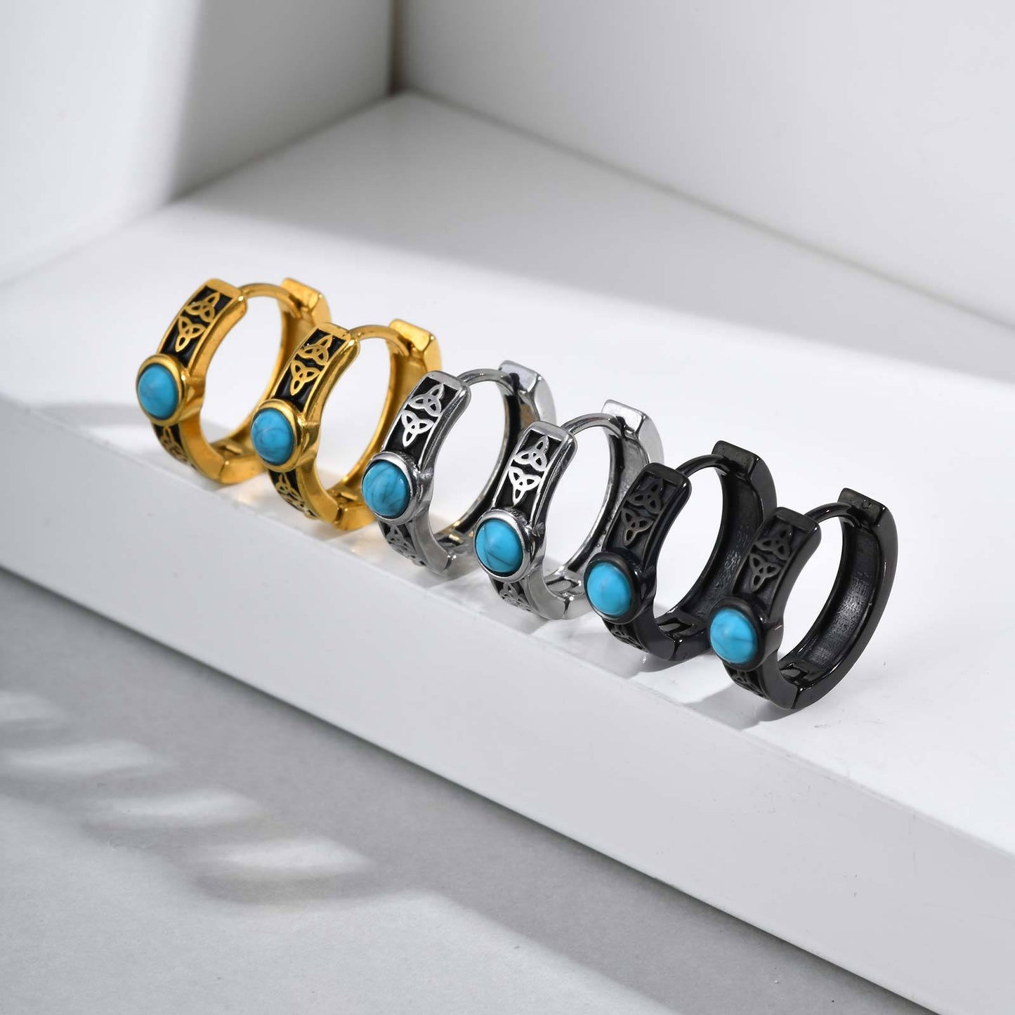 Kemstone Men’s Stainless Steel Turquoise Hoop Earrings Celtic Knot  EH-748