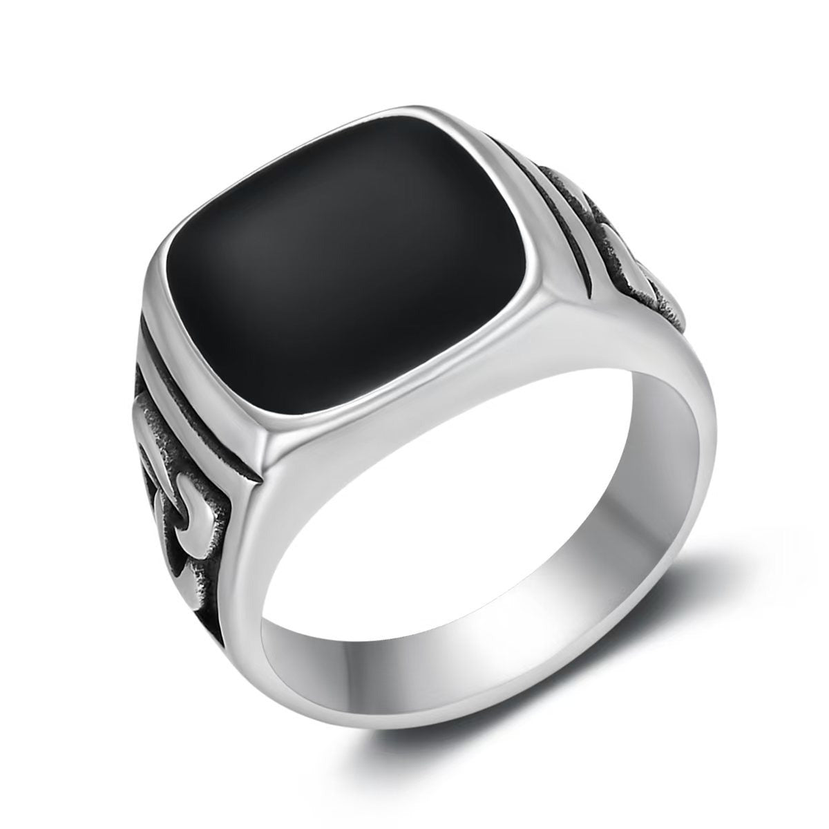 Kemstone Stainless Steel Vintage Totem Triangle Signet Ring for Men, Silver Black Enamel  TR0508