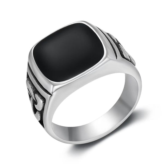 Kemstone Stainless Steel Vintage Totem Triangle Signet Ring for Men, Silver Black Enamel  TR0508