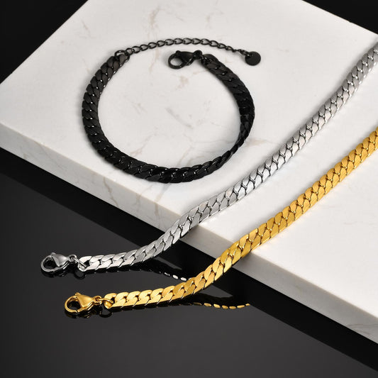 Kemstone Stainless Steel Flat NK Chain Bracelet – Men’s Jewelry Silver Gold Black BR-1938