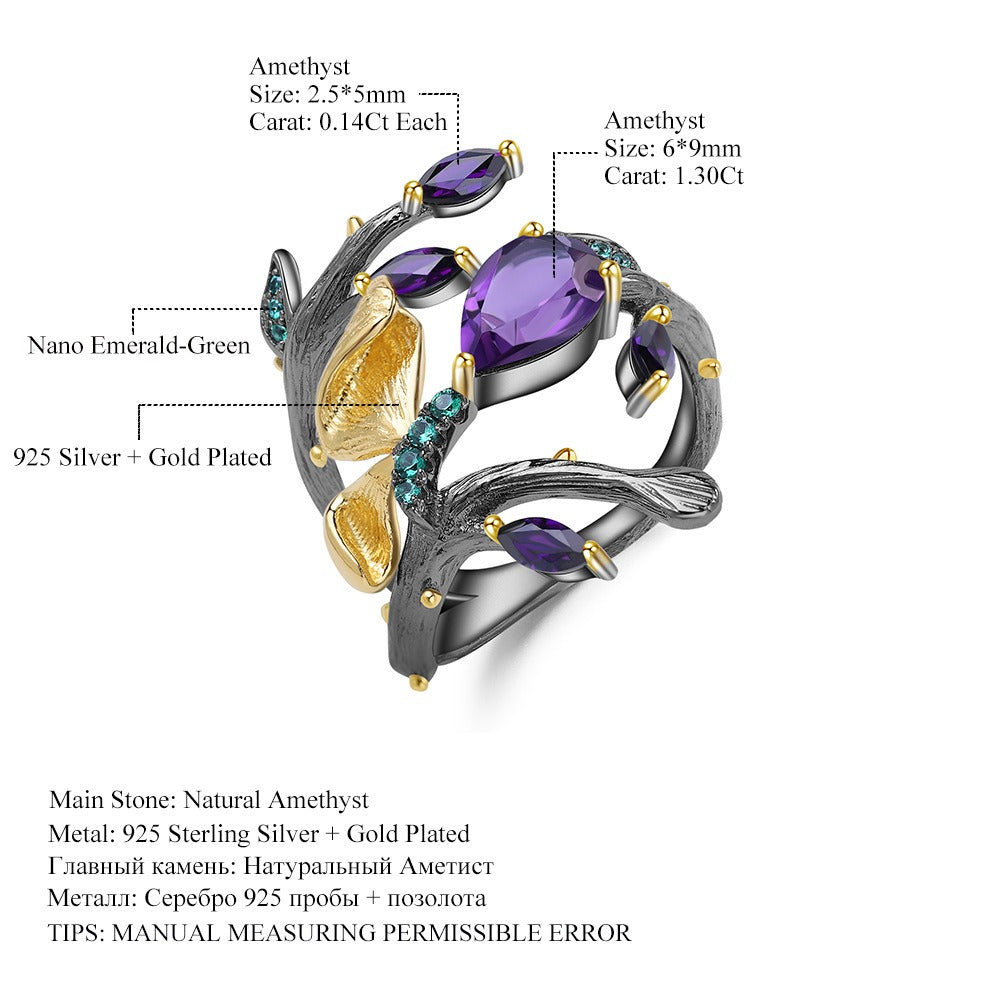 Kemstone Ringe aus Sterlingsilber mit natürlichem Amethyst und Schmetterlingsdesign, vergoldet und schwarz beschichtet