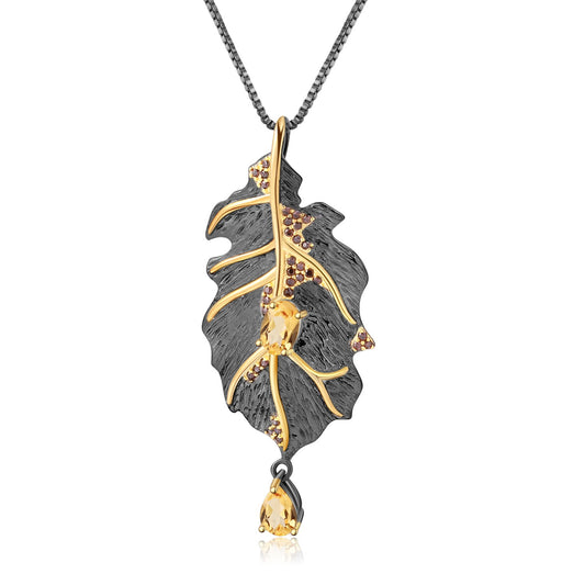 Kemstone Natural Citrine Leaf Pendant Necklace with Smoky Cubic Zirconia Accents, 18",K23526N