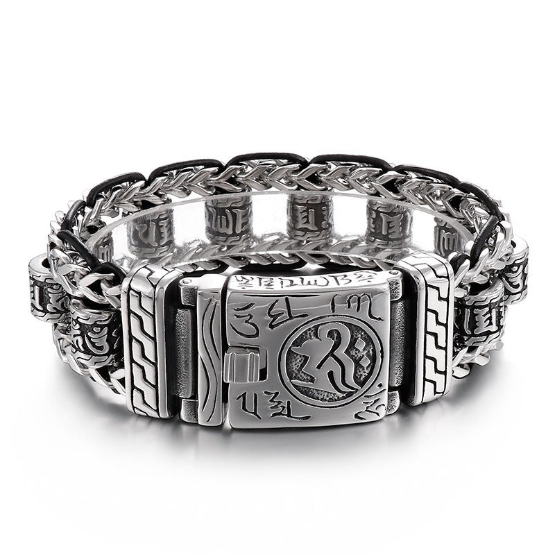 Kemstone Vintage-Style Dragon Bone Chain Bracelet & Punk Hollow-Titanium Steel Man's Ancient Six-Syllable True-Word Necklace KB145903