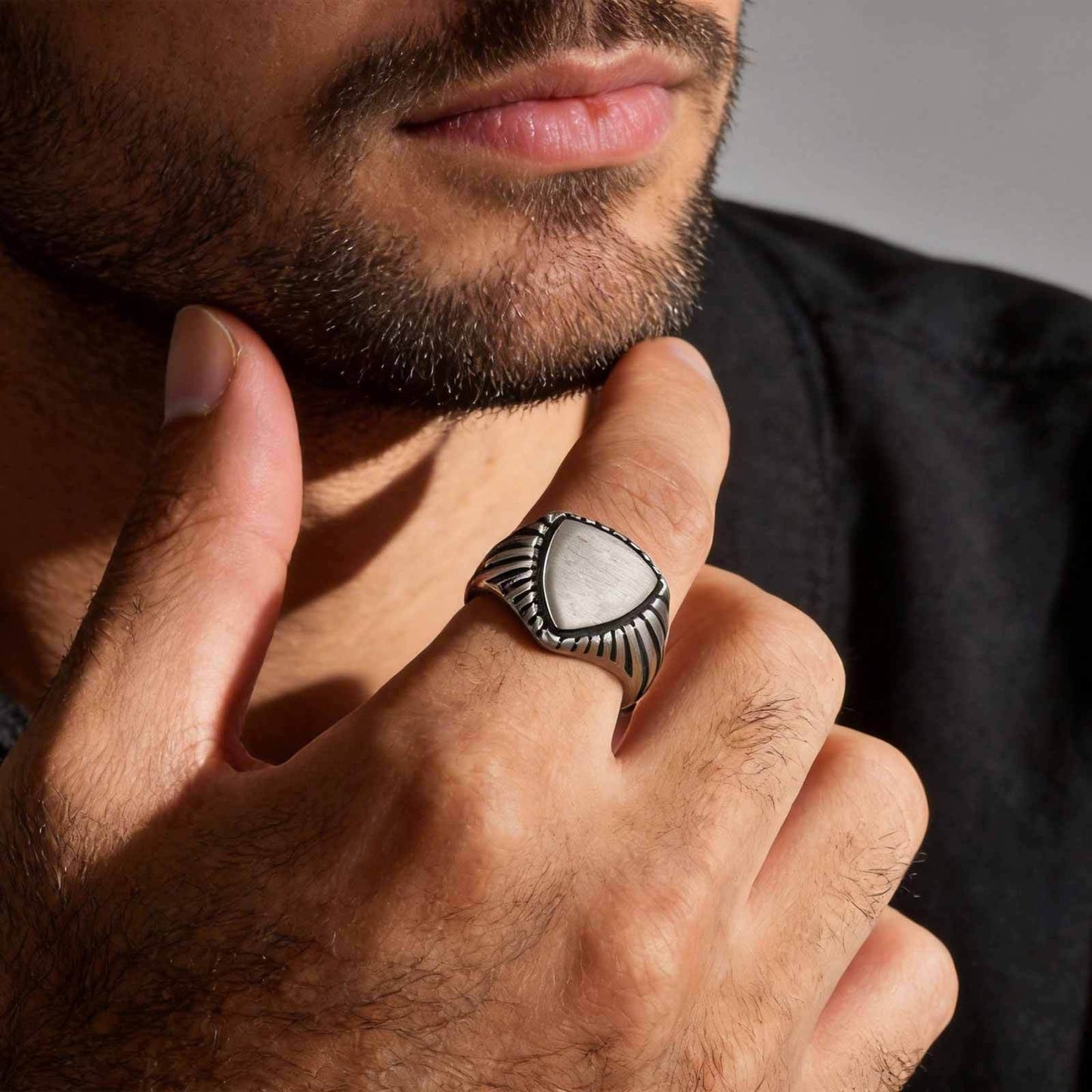 Kemstone Triangle Signet Ring Stainless Steel Brushed Silver for Men RC-843