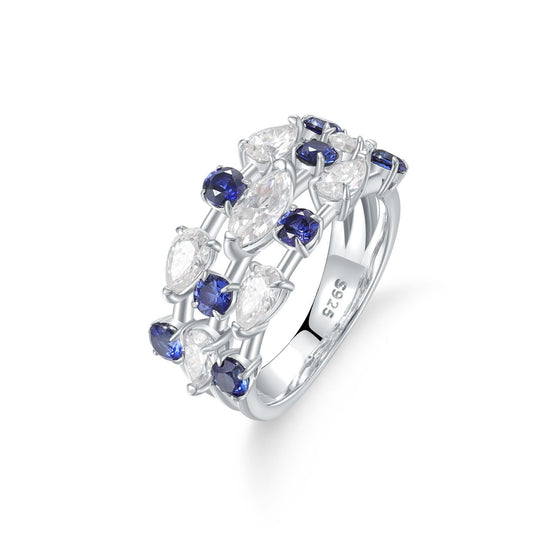 S925 Sterling Silver Ring with Lab-Created Blue Sapphires & Moissanite – Modern Elegance in Motion OL1352RMC
