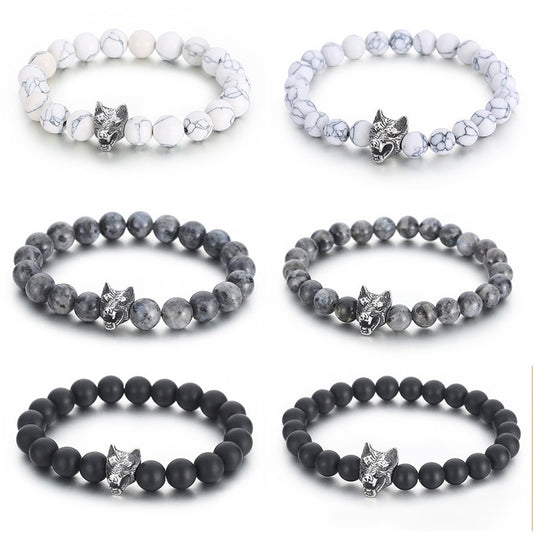 Pulsera Kemstone de acero inoxidable con cuentas y cabeza de lobo de ónix negro mate para hombre. Joya unisex audaz de inspiración natural para uso diario KB70694-BD