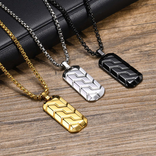 Tire Tread Pendant Necklace for Men – Stainless Steel Geometric Dog Tag PN-1857