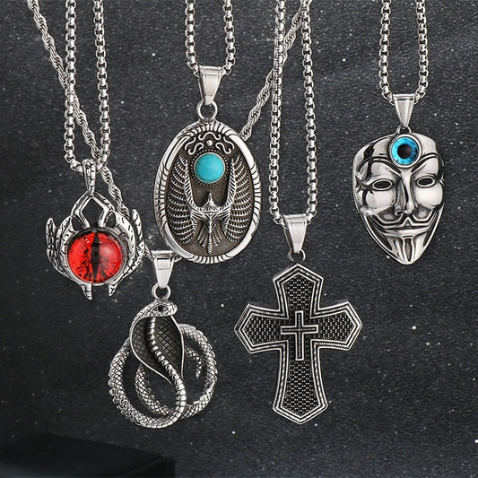 Kemstone Turquoise Eagle Amulet Necklace – Tribal Cross & Evil Eye Pendant for Men, Gothic Streetwear Jewelry KP100398