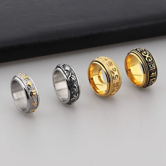 Kemstone Rotating Mantra Ring - Stainless Steel Hexagram Engraved Band with Textured Edges for Stress Relief & Positive Flow KR37988-K