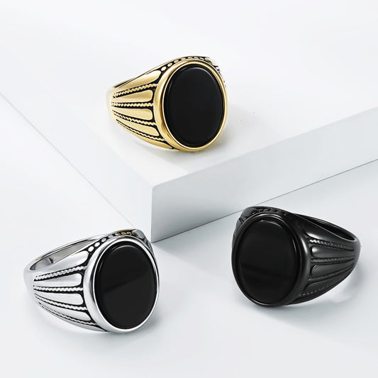 Kemstone Vintage Black Stone Stainless Steel Signet Ring for Men – Oval Face K-R1124