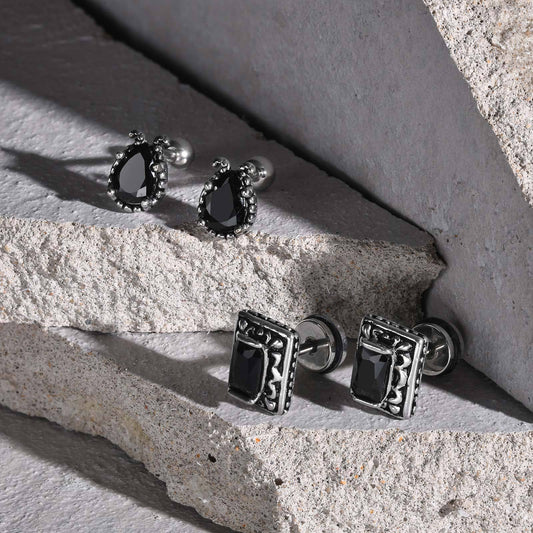 Kemstone Men's Matte Black Stainless Steel Geometric Earrings - Vintage Textured Zircon Studs for Minimalist Style ES-607