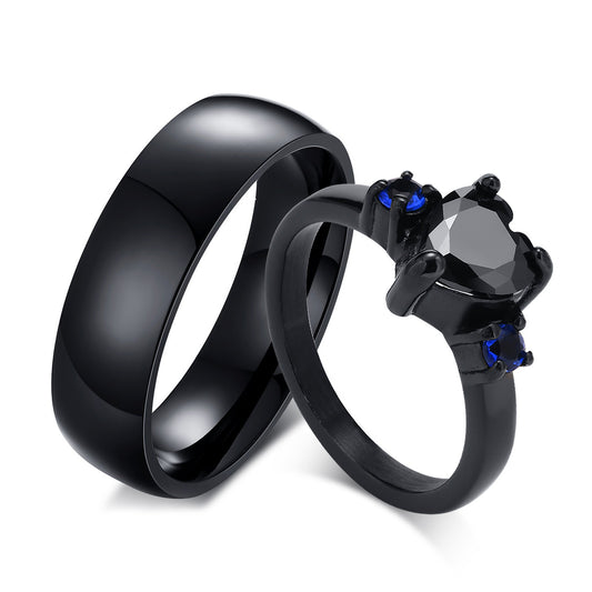 Kemstone Titanium Steel Heart-Zircon Black Cast Couple Rings RC-468B