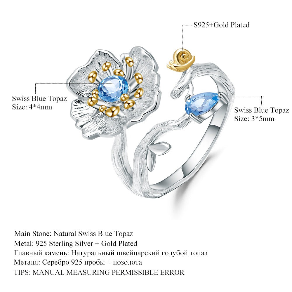 Anillo de flor de citrino natural, diseño original, hecho a mano por Kemstone, plata de ley 925. Anillo abierto de diseñador con diseño floral de topacio azul suizo.