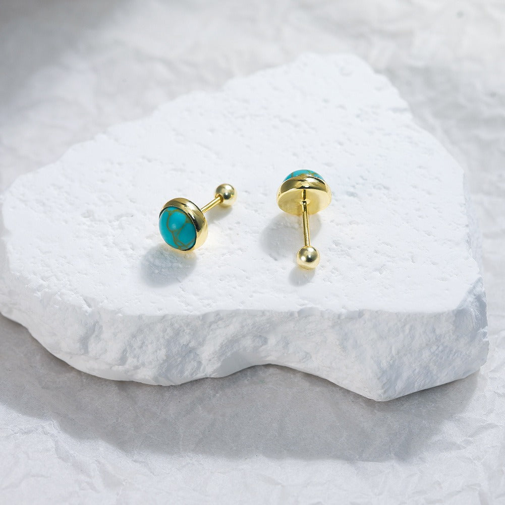 Kemstone 925 Sterling Silver Turquoise Stud Earrings for Women Round Bezel Gold Silver GME52