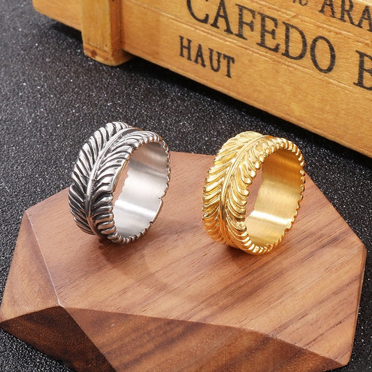 Kemstone Bohemian Leaf Titanium Steel Ring - Edgy Vintage Punk Design for Men, Nature-Inspired Accessory KR108704