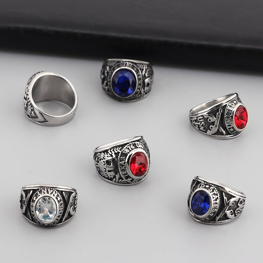 Kemstone Punk Eagle Steel Ring with Red/Blue Gemstones - Bold Titanium Men's Accessory for Edgy Style KR45098-K