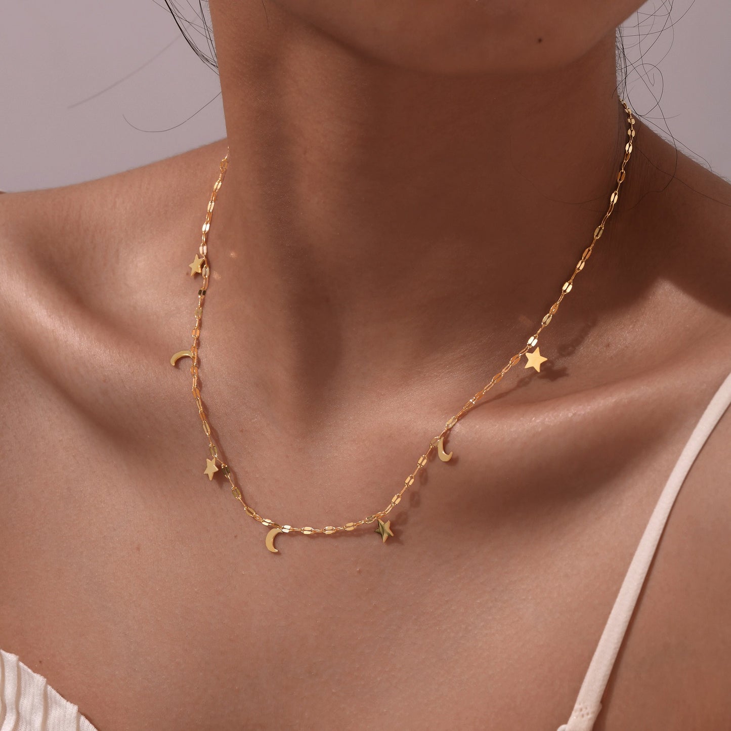Chic Lip Chain Moon & Star Necklace – Gold-Tone Stainless Steel, Celestial-Inspired Statement Piece NC-1886