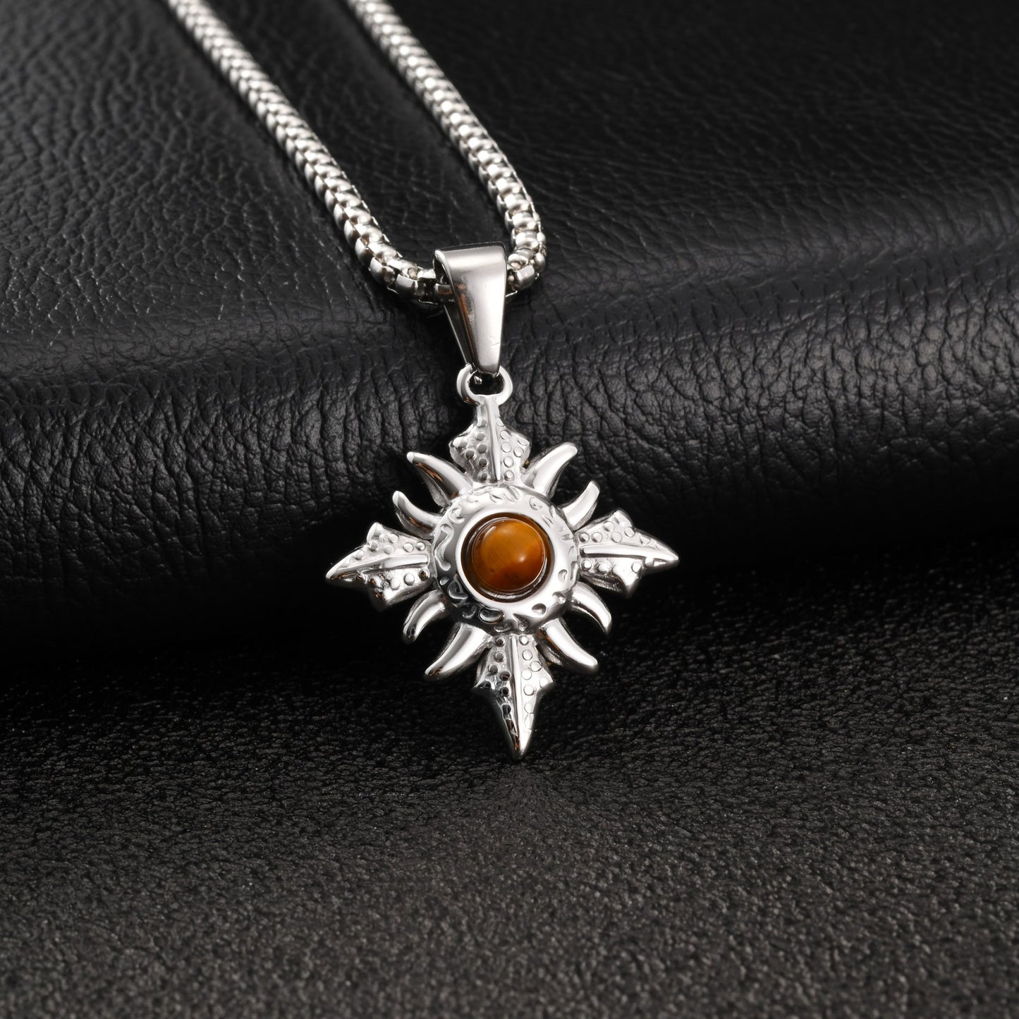 Kemstone Stainless Steel Tiger Eye Geometric Pendant Necklace for Men Silver PN-2346