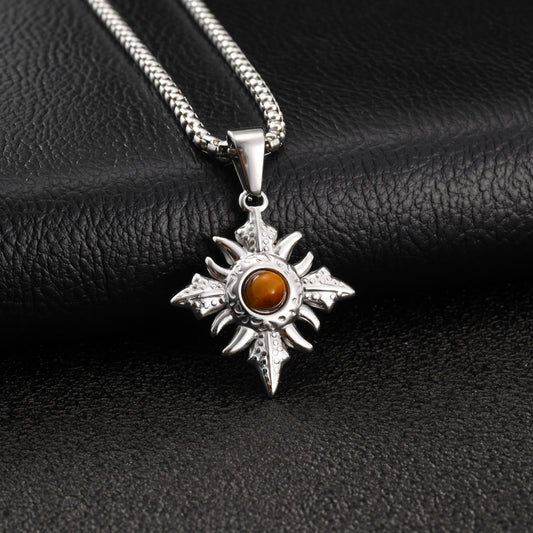 Kemstone Stainless Steel Tiger Eye Geometric Pendant Necklace for Men Silver PN-2346