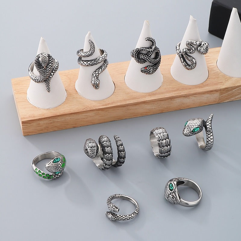 Kemstone Men’s Titanium Steel Snake Ring – Green Eye Serpent Gothic Style KR104534-KJX