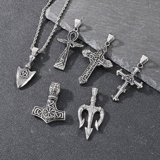 Kemstone Men’s Titanium Steel Trident Cross Necklace – Viking Eye of Horus Pendant, Black Zircon KP116389  60CM