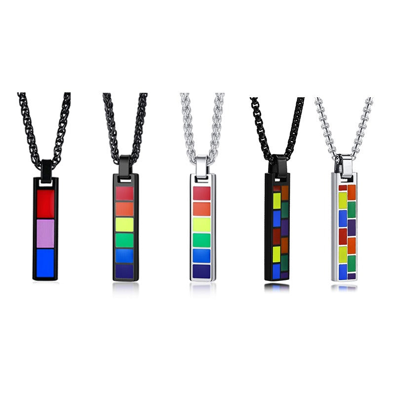 Kemstone Color Block Bar Pendant Necklace Stainless Steel Rectangle Design for Men PPN-004