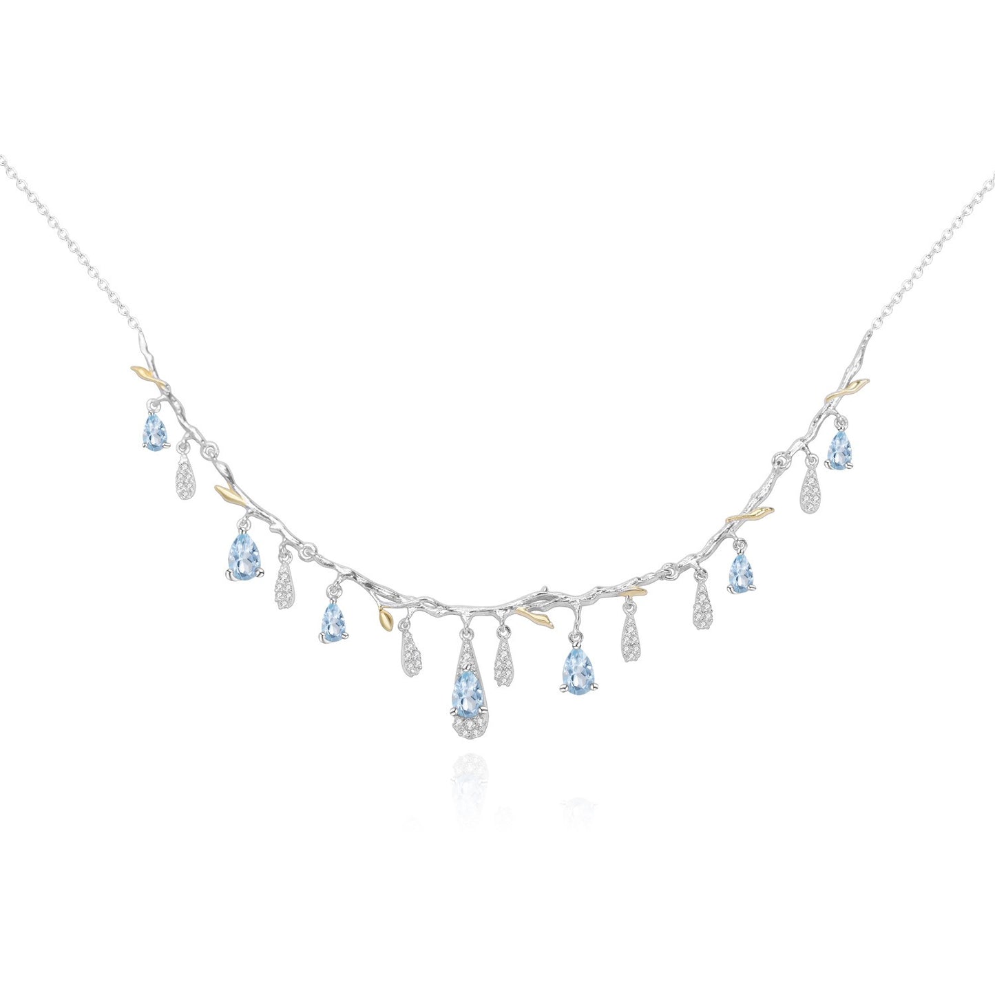 Collana girocollo di lusso con pietre preziose Kemstone, realizzata a mano e dal design originale | Topazio azzurro cielo naturale | Argento Sterling 925 + placcato oro