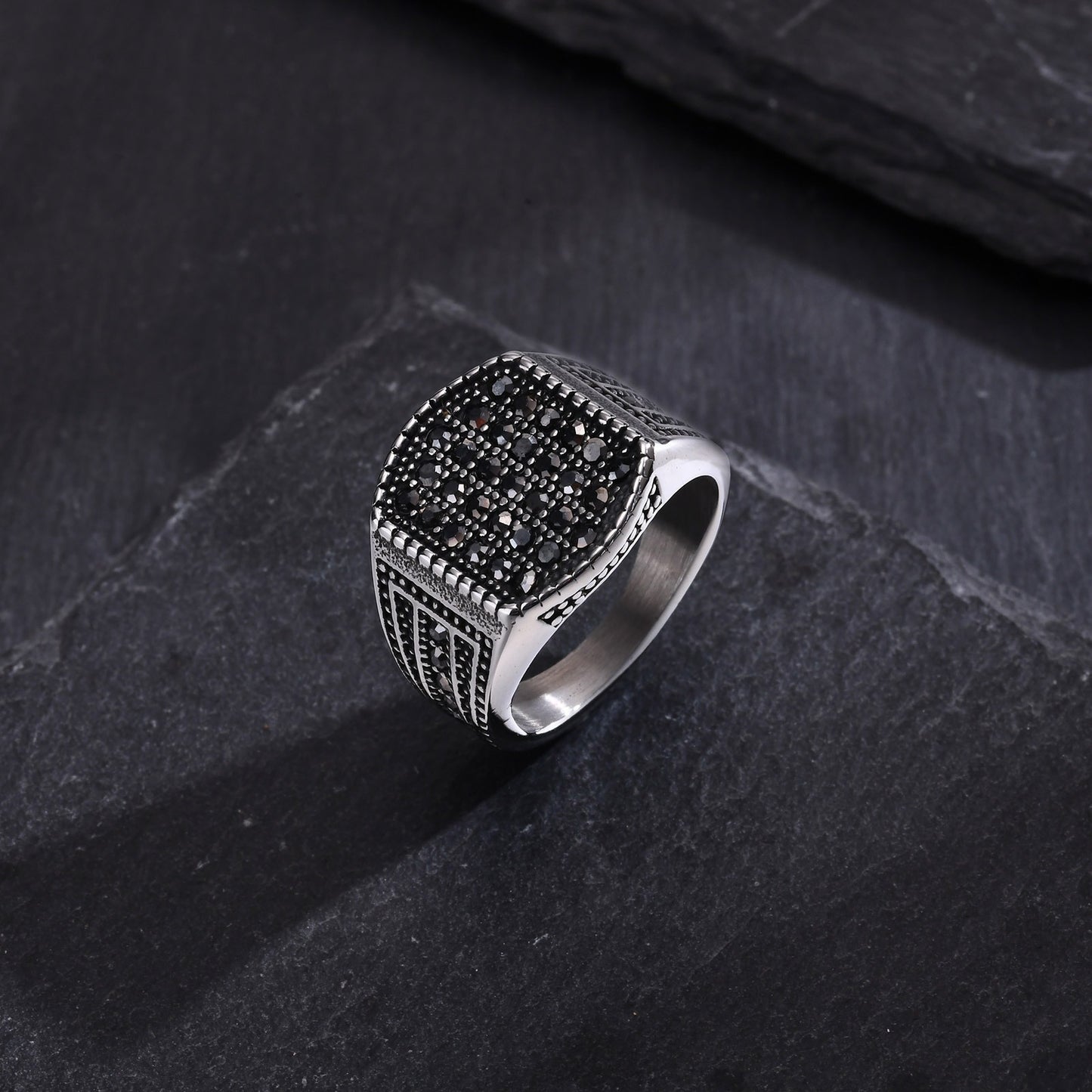 Kemstone Men’s Stainless Steel Signet Ring – Black Cubic Zirconia RC-689