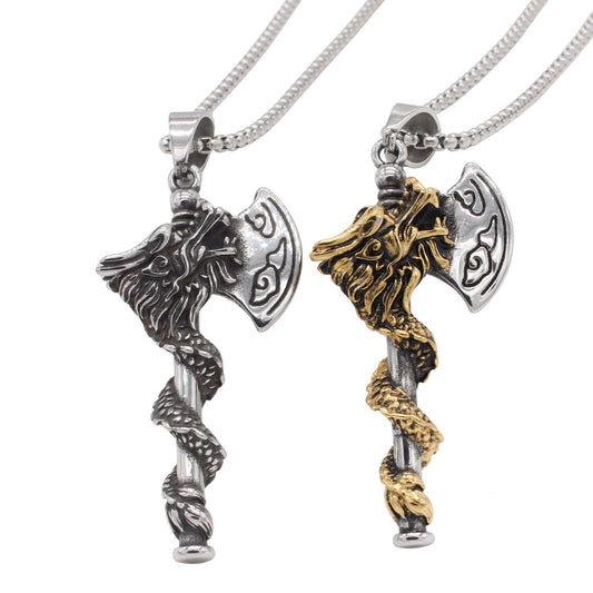 Kemstone Men’s Titanium Steel Dragon Axe Necklace – Viking-Inspired Jewelry A17-P1472