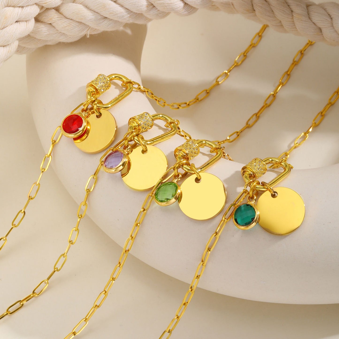 Cadena de eslabones cuadrados de acero inoxidable Kemstone con colgante de piedra de nacimiento del zodíaco - Collar minimalista dorado para mujer NC-2181