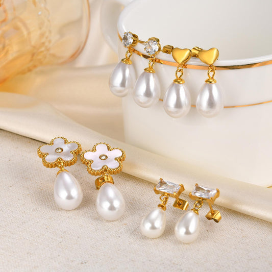 Kemstone Stainless Steel Zirconia Floral Chain Earrings with Imitation Pearl Droplets – Golden Elegance for Everyday Sparkle ED-782