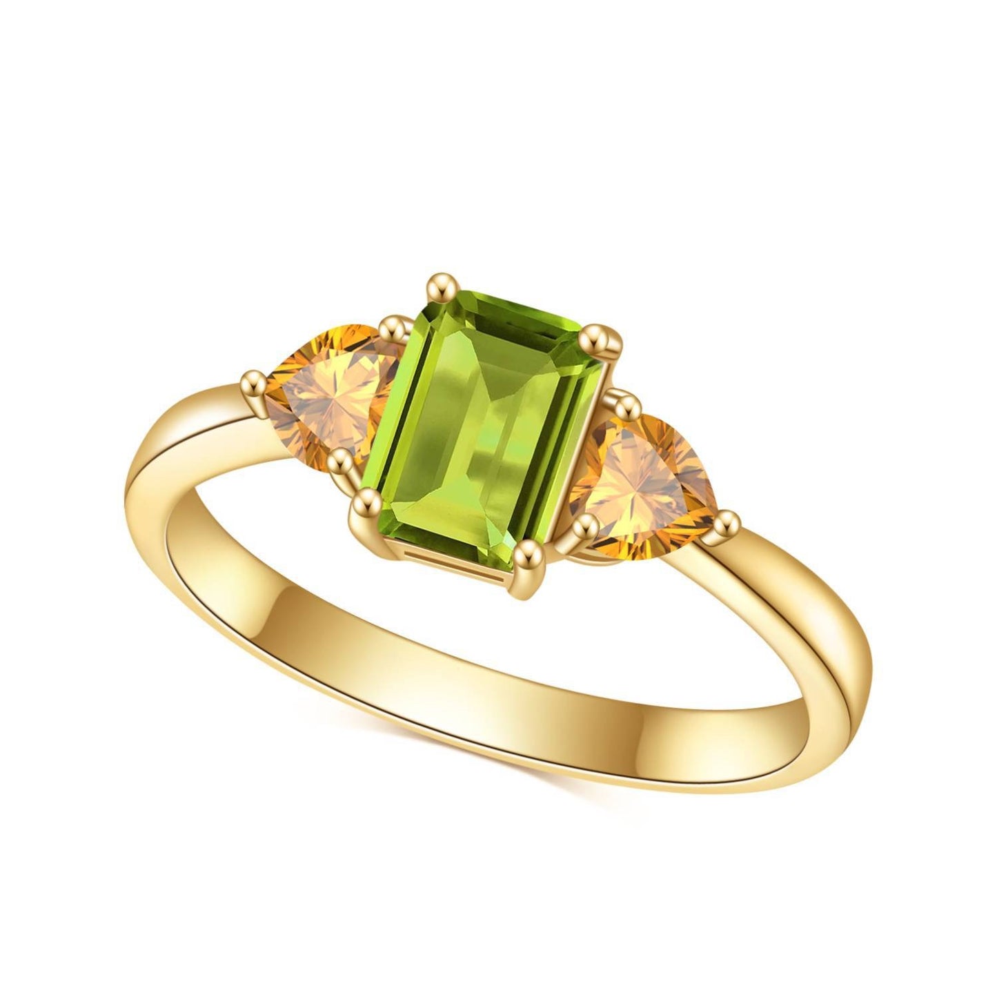 Anillo artesanal de citrino natural de talla esmeralda con detalles de peridoto de corte brillante en forma de corazón, diseño original de Kemstone | Plata 925 bañada en oro de 18 quilates, K236141R