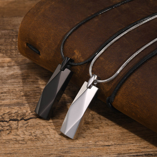 Men’s Geometric Pendant Necklace – 3D Rhombus Rectangle Design in Stainless Steel | Black & Silver Gothic Style NC-1455