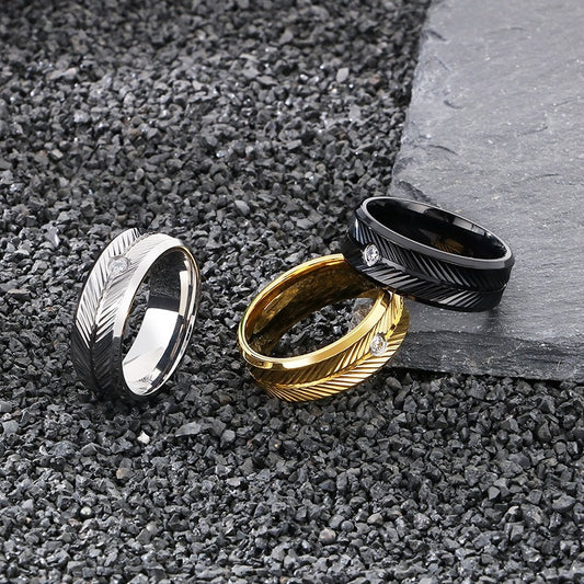 Kemstone Steel Feather Ring – Gothic Circle Band with CZ Stones for Men KR110876-GC