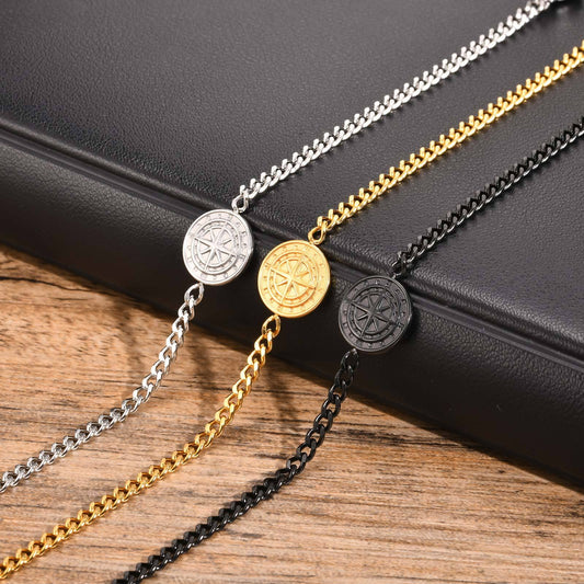 Men’s Stainless Steel Compass Bracelet – Sleek Minimalist Chain in Black, Gold, Silver | Gothic Viking Style, Adjustable BR2079