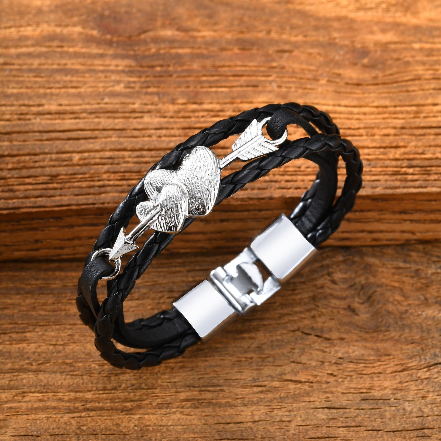 Kemstone Heart Arrow Leather Bracelet Double Braided PU Cord with Alloy Clasp for Men BL-822