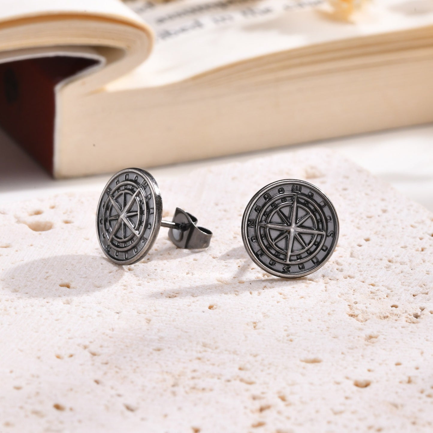 Kemstone Men’s Stainless Steel Compass Stud Earrings – Vintage Hip Hop Gold Silver Black ES-505
