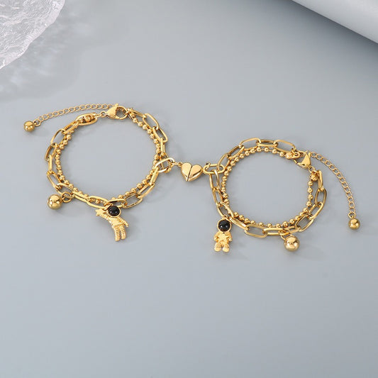 Kemstone Astronaut Magnetic Heart Couple Bracelet Titanium Steel Layered Chain for Men & Women KB208413-Z